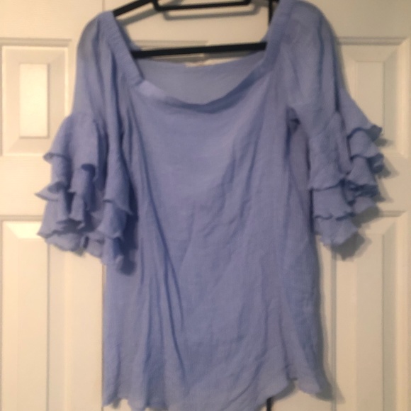 Off the Shoulder Blue Ruffle Shirt - Picture 1 of 2